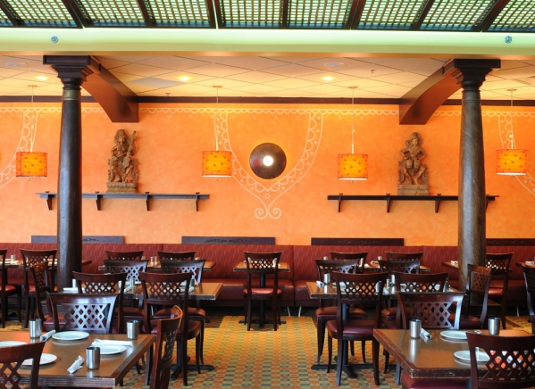 Interior view of the spacious dining room wall and seating area at Karaikudi Chettinad Restaurant in Scarborough