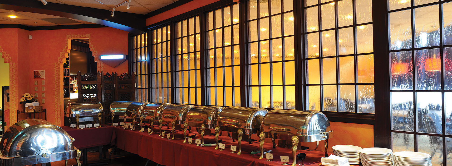 Clean and spacious private event buffet service station setup inside the banquet hall at Karaikudi Chettinad Restaurant